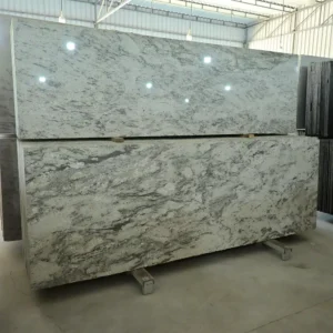 Colonial White Granite slab with natural grey veining at GL Stone Expo