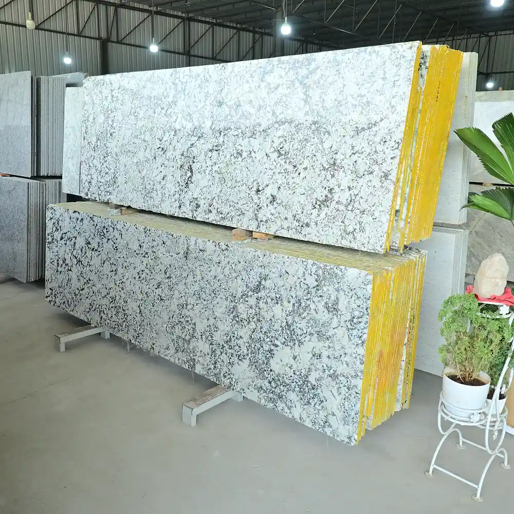 Imperial Alaska White Granite slabs in white grey and black at GL Stone Expo Hyderabad