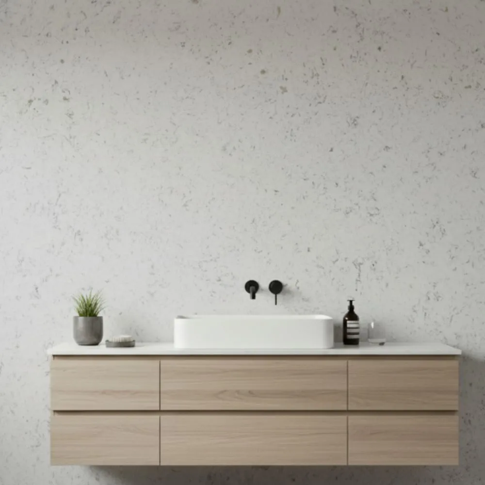 alpine winter quartz slab white textured wall bathroom vanity modern interior