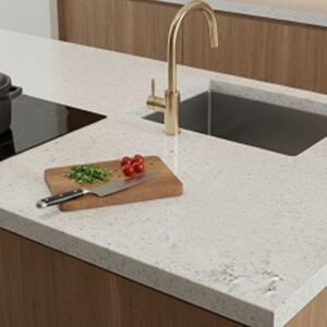 burley quartz countertop white speckled kitchen surface modern engineered stone sink area