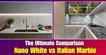 Nano white vs Italian marble kitchen comparison showing modern countertop designs