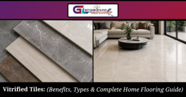 Modern vitrified tiles for home flooring showcasing premium tile samples and a contemporary living room interior by GL Stone Expo.
