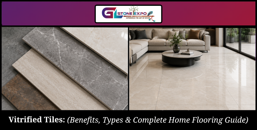 Modern vitrified tiles for home flooring showcasing premium tile samples and a contemporary living room interior by GL Stone Expo.