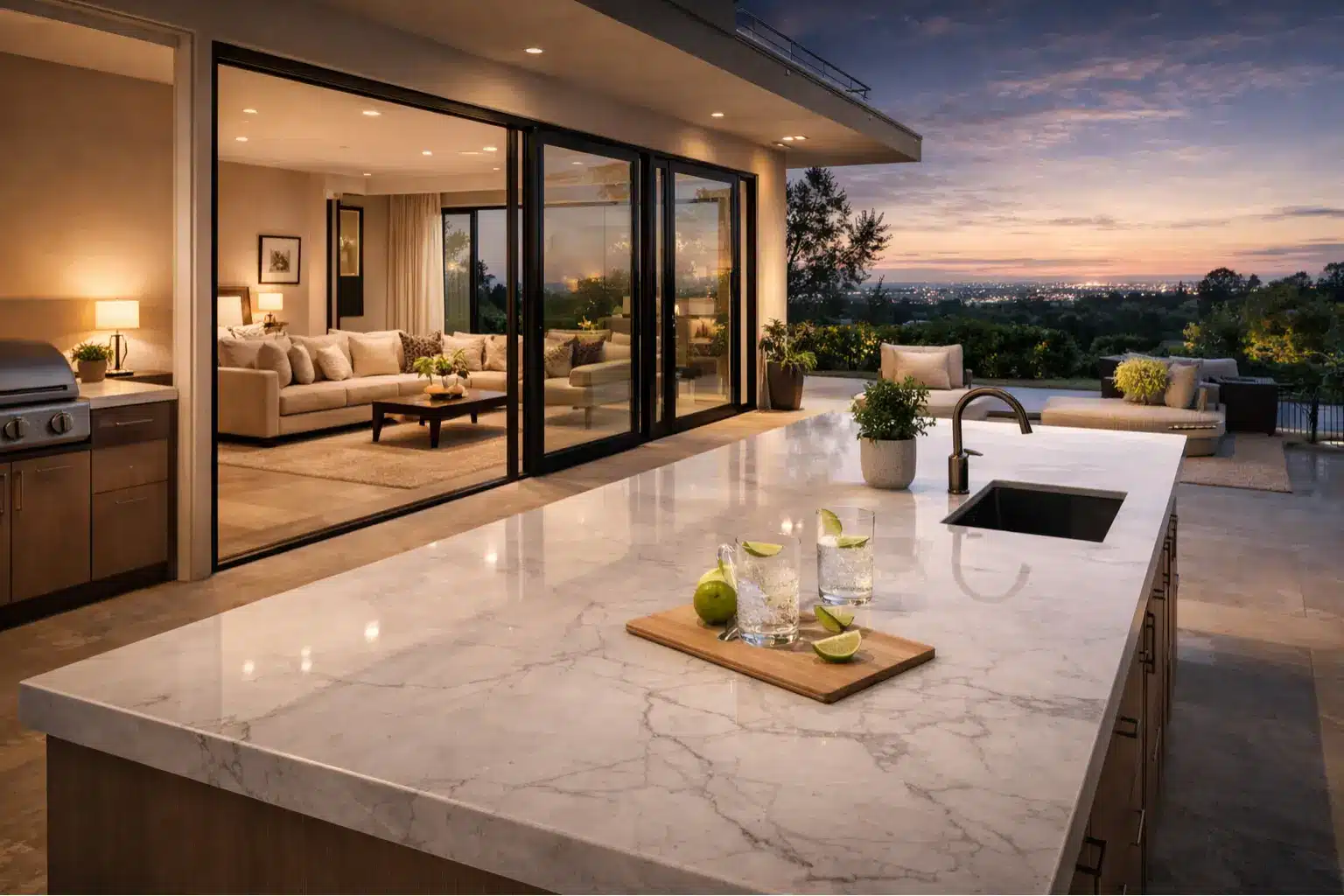 Modern outdoor kitchen with white marble countertop, luxury patio design, and scenic evening view