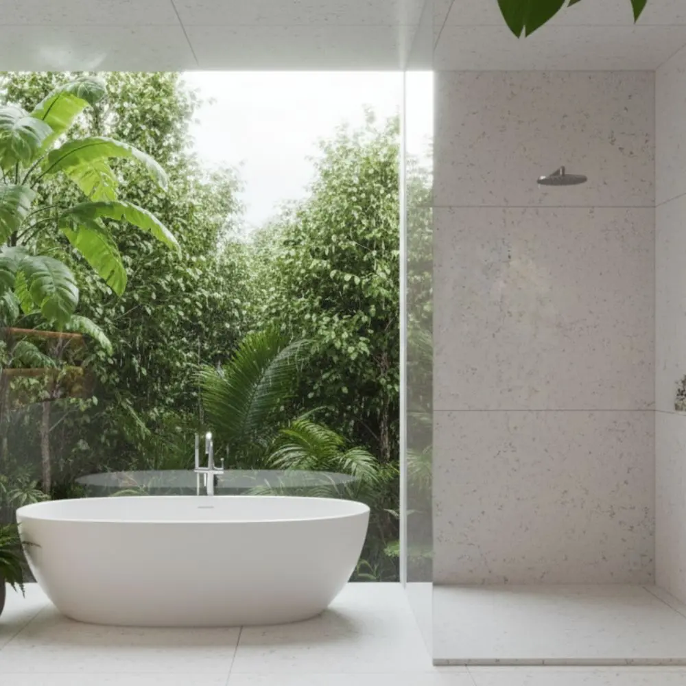 Luxury modern bathroom with freestanding bathtub and garden view, Montclair Valley design