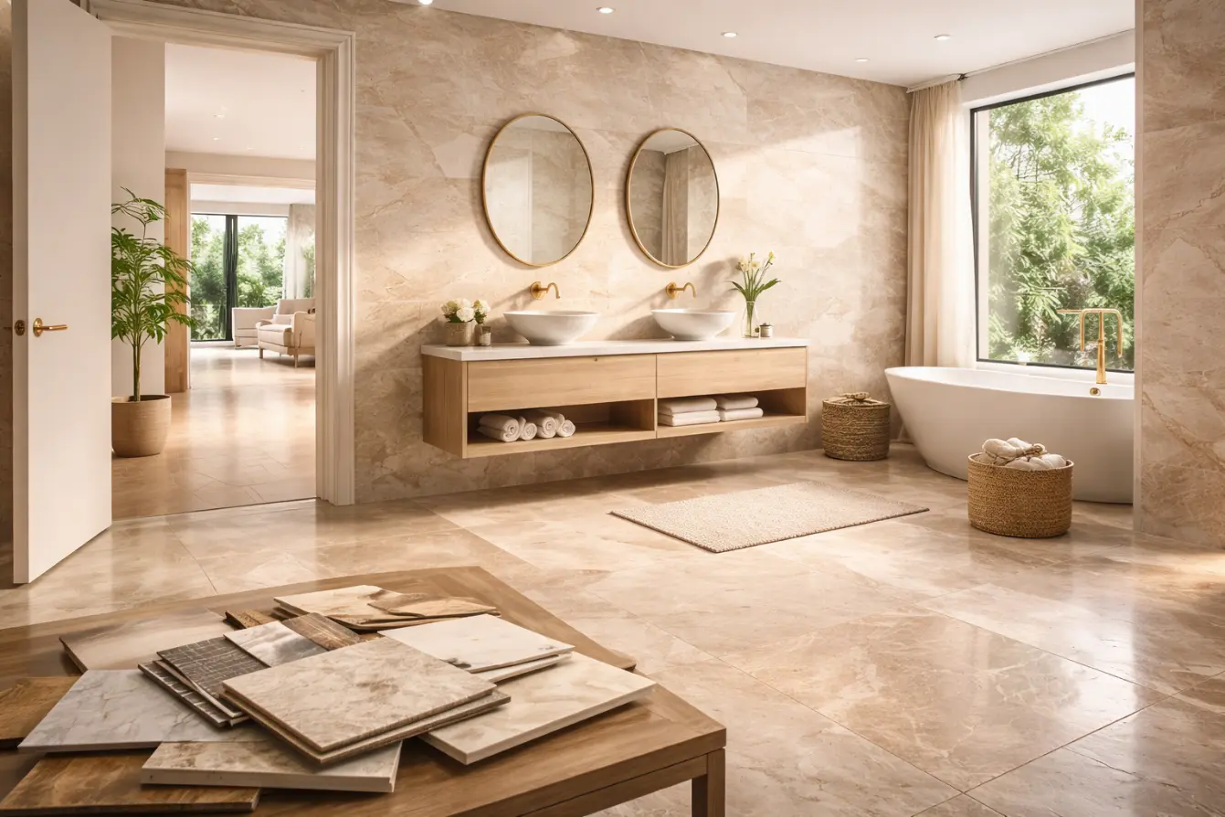 Luxury bathroom with beige marble tiles, double sink vanity, and modern bathtub design
