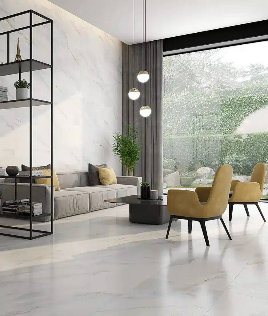 Modern living room with marble flooring, elegant wall design, and luxury interior seating