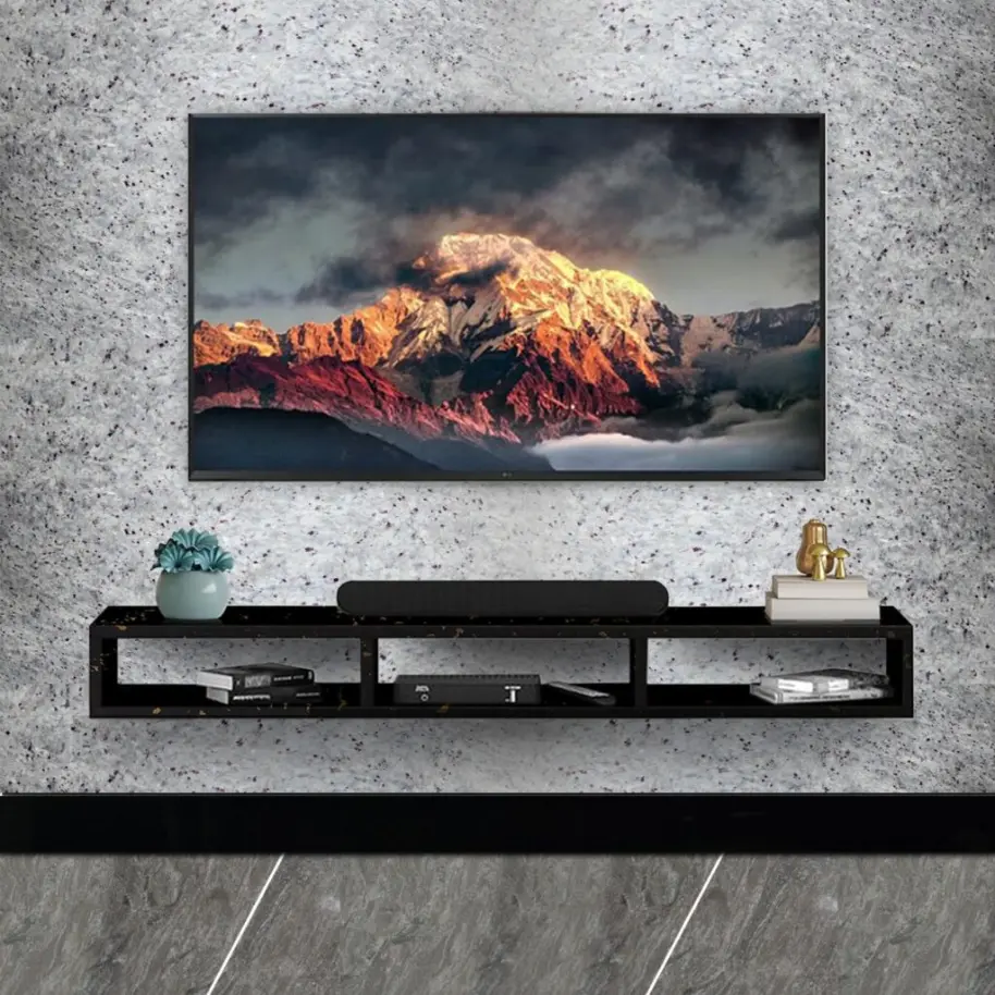 Granite texture wall TV unit in a modern living room with sleek design and ambient lighting