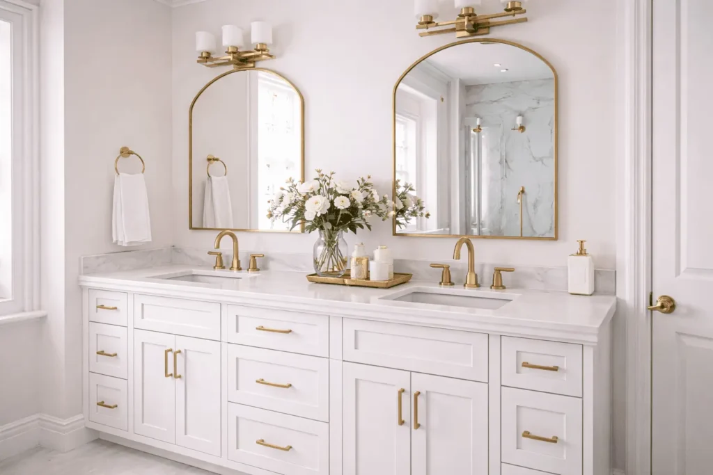 Luxury white quartz bathroom vanity with gold faucets and double sinks
