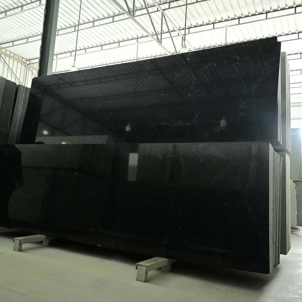 Polished Absolute Black Granite slab for kitchen countertops, flooring, and wall cladding.