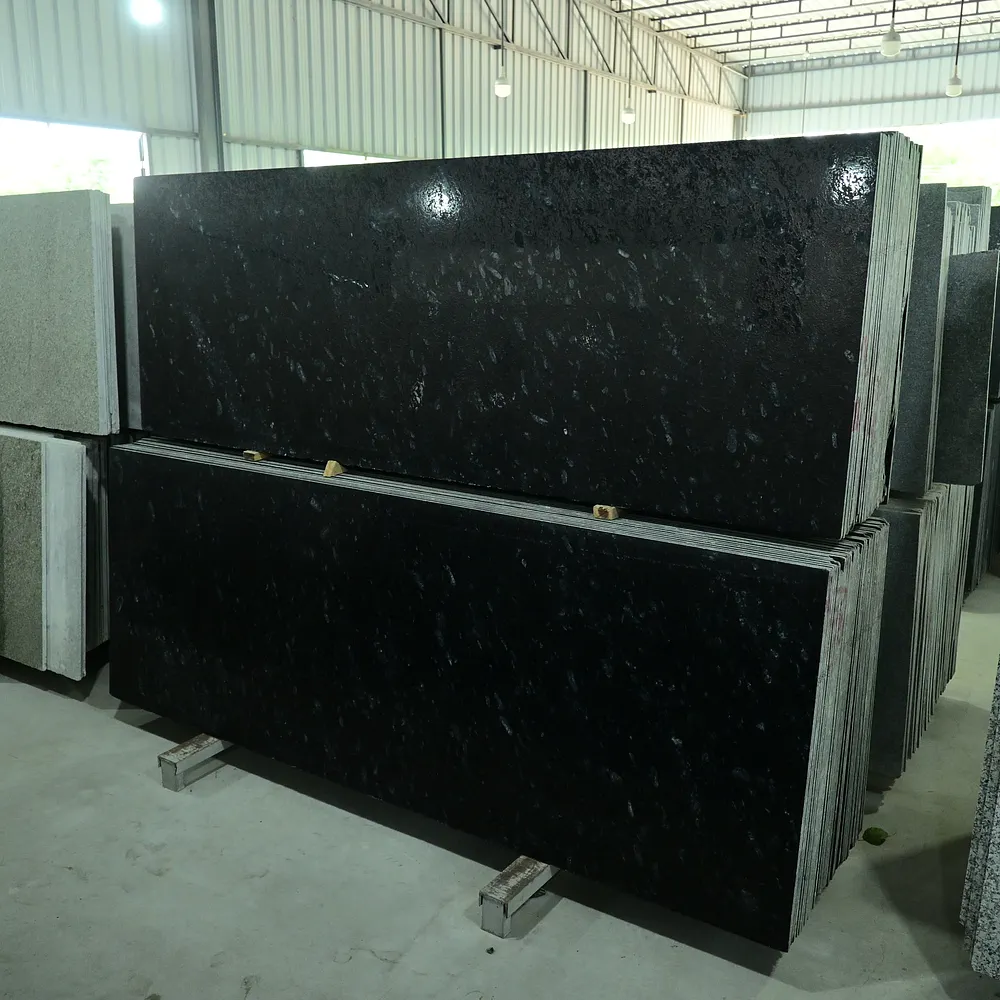 Polished Commando Black Granite slab for countertops, flooring, and feature walls.