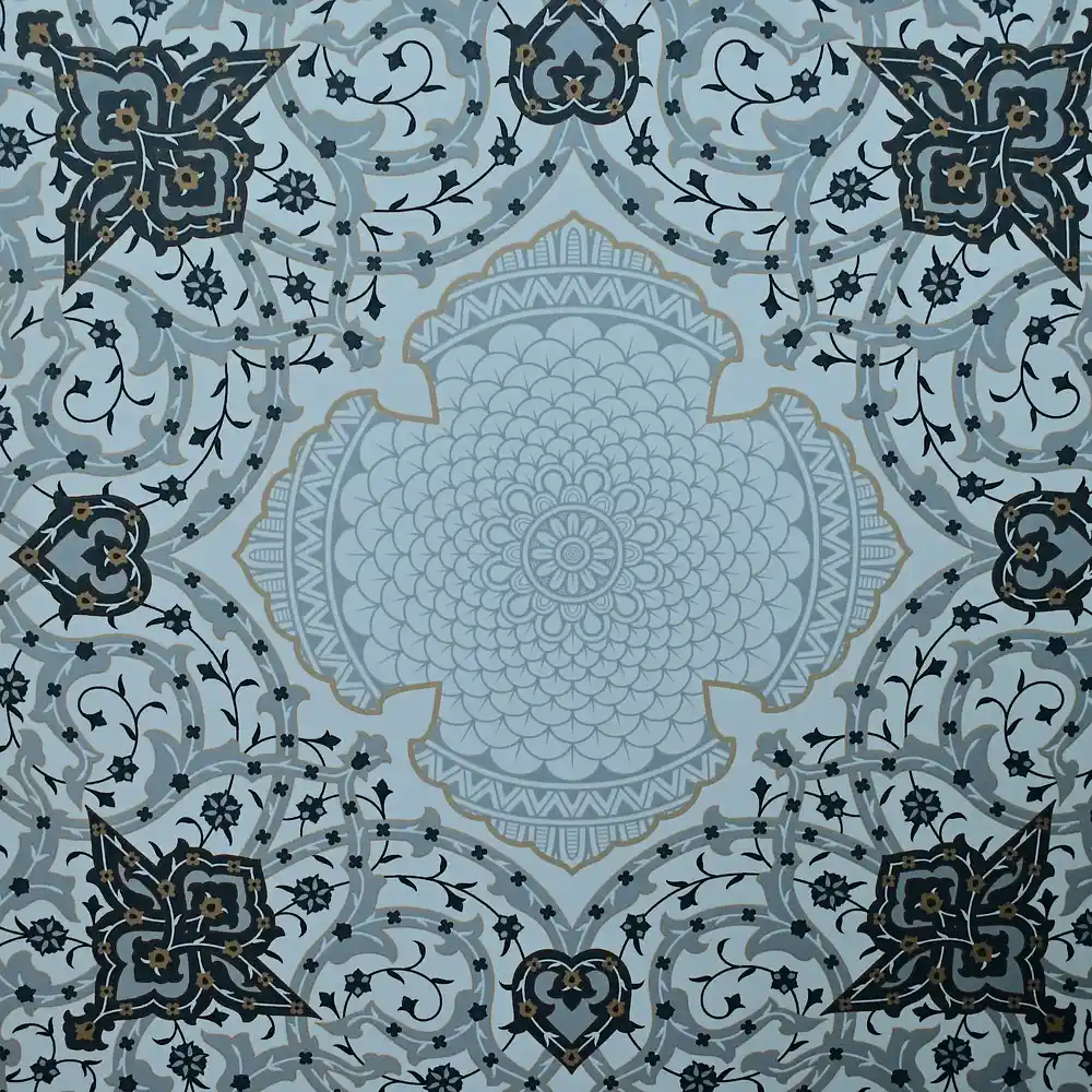 Indic Decorative Tile featuring an intricate blue-grey floral mandala design with dark ornamental patterns