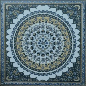 Kaito Decorative Tile featuring an intricate blue, cream, and beige floral mandala pattern