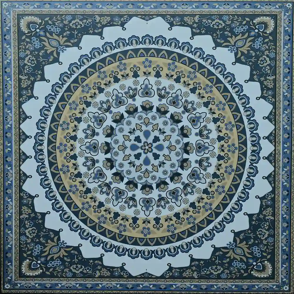 Kaito Decorative Tile featuring an intricate blue, cream, and beige floral mandala pattern