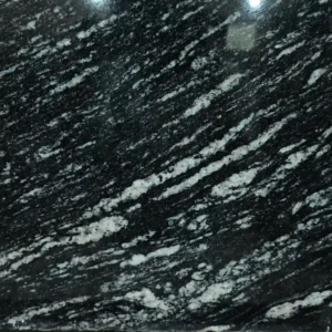 Close-up of Thunder Black Granite showing natural white and grey veining