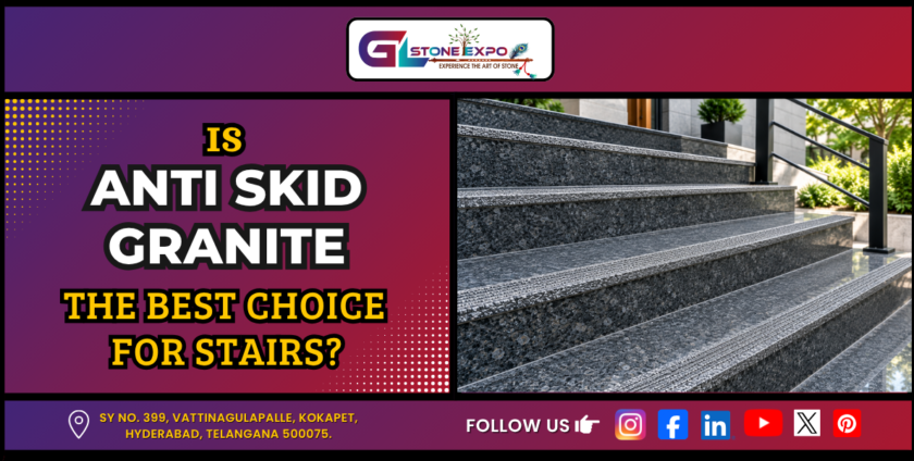 Anti-skid black granite stairs with textured non-slip strips in a modern outdoor entrance