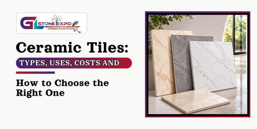 Ceramic tiles in a modern living room with glossy marble-look flooring and decorative ceramic tile samples in beige, grey, and white.