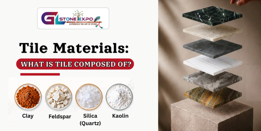 Tile materials infographic showing clay, feldspar, silica, kaolin and decorative tile slabs by GL Stone Expo
